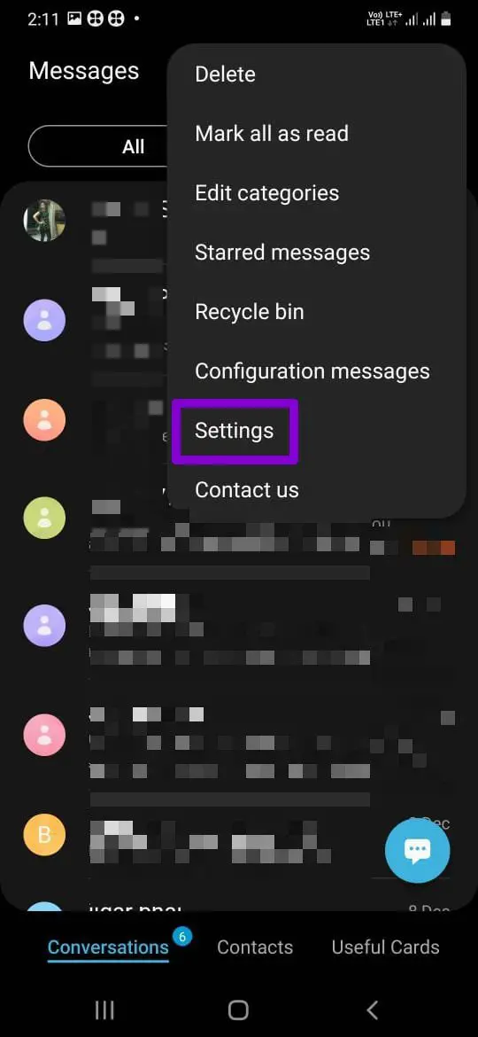 Configuración de mensajes de Samsung