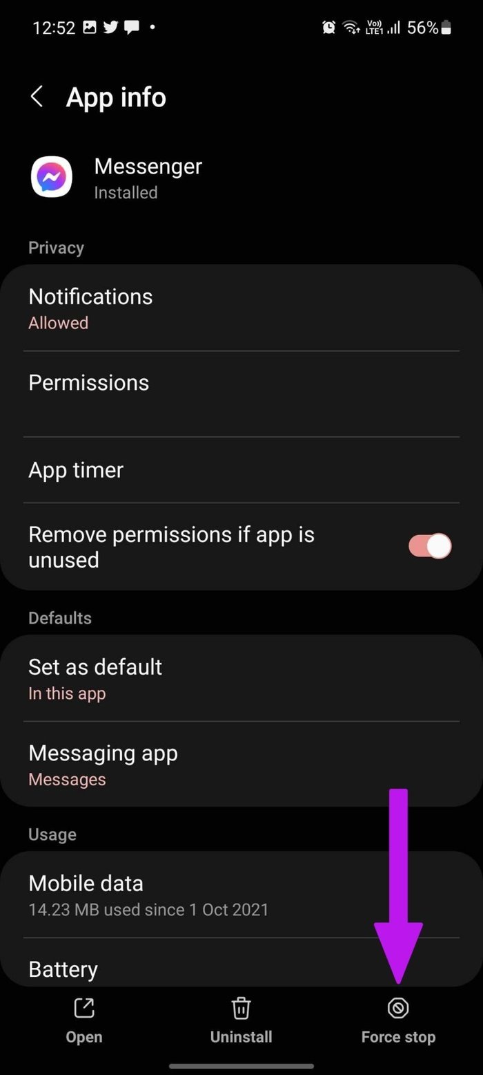 Force stop messenger corrige el retraso de messenger en android