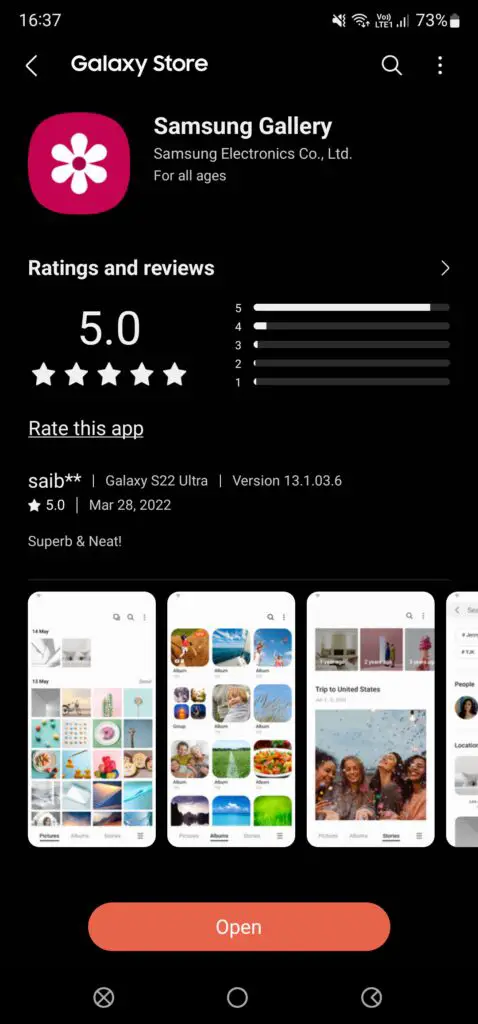Página de la aplicación de galería de Samsung